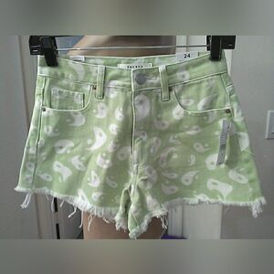 NWT PacSun Light Green Paisley Cutoff Denim Shorts SZ.24 "GROOVY LOVE"